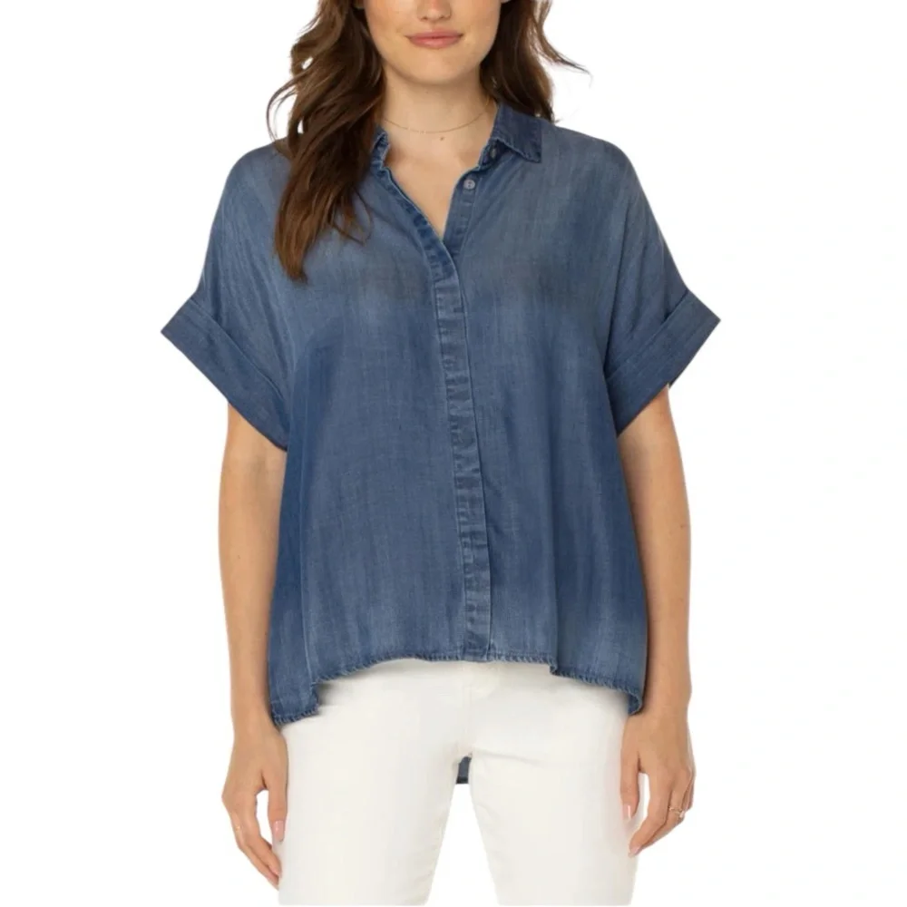 NWT Liverpool Crenshaw Collared Camp Shirt Chambray Hi-Low Summer‎ Casual